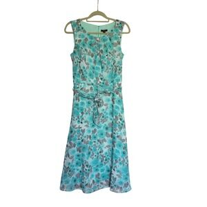 R&K‎ Aqua Floral Chiffon Dress Sleeveless Midi Fit & Flare Career Women Size 10